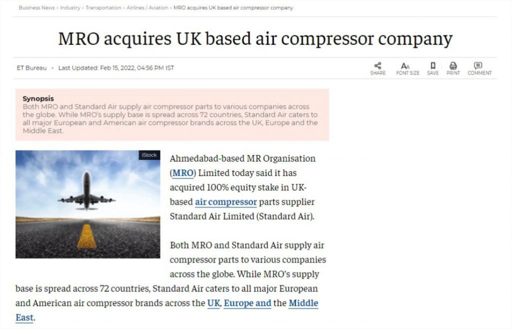 MRO Acquires UK Based Company Standard Air Limited